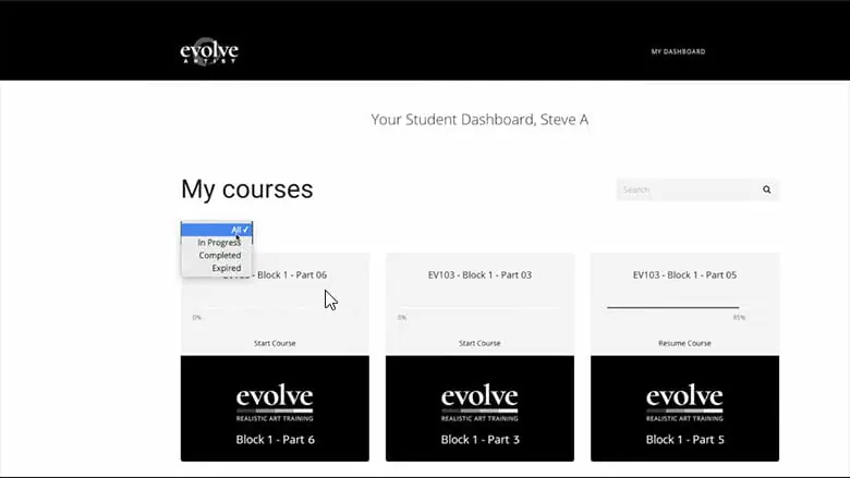 evolve online art classes dashboard