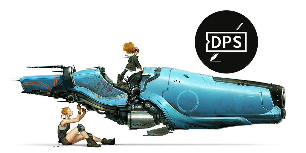 An artwork showing girl on a speeder with the Digital Painting Studio logo